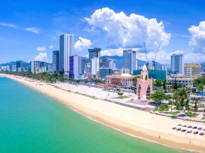 Panorama of the city of Nha Trang in Vietnam from drone point of view